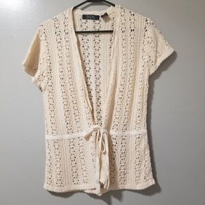 Crystal Kobe Women’s Large Blouse Sheer Open Weave Tie Front Boho Chic